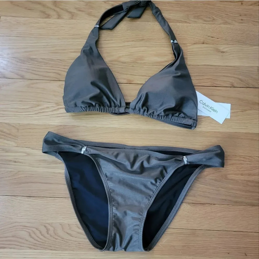 Calvin Klein Women's Halter Slide Top & Bottoms 2 Piece Bikini Size Xlarge